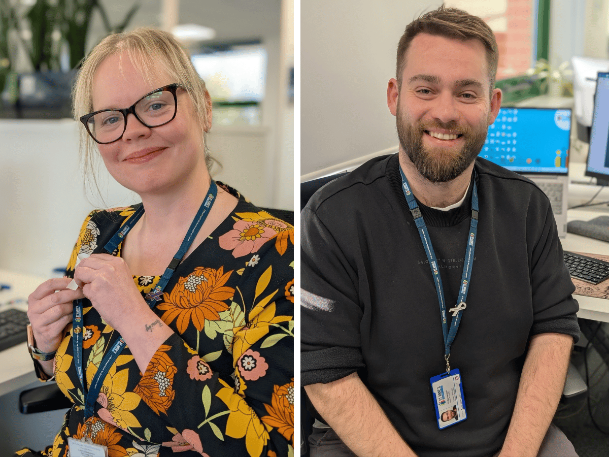 Two images side by side one of a woman adding a white ribbon badge on her shirt thinking about what white ribbon means to her. On the right is a picture of a man who has just made the white ribbon promise