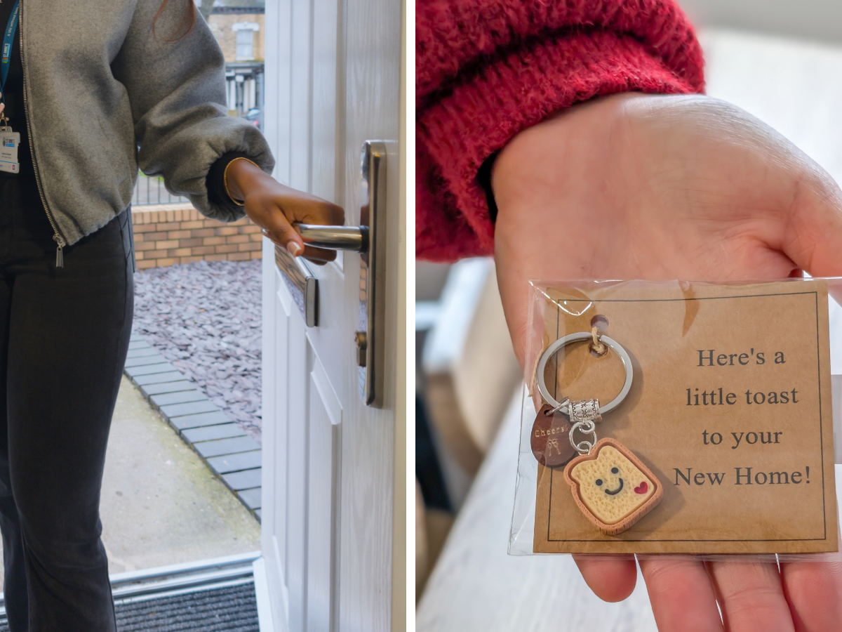 Left - A person opening the door to a supported living home in Hull. Right - A hand holding a small gift keyring packaged with a card that says, “Here’s a little toast to your new home!”